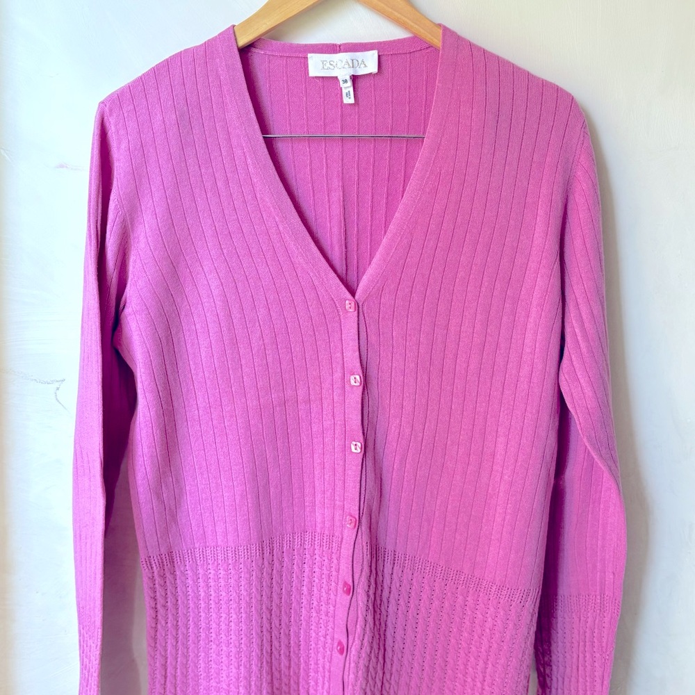 Escada Pink Ribbed Cardigan Sweater V-Neck